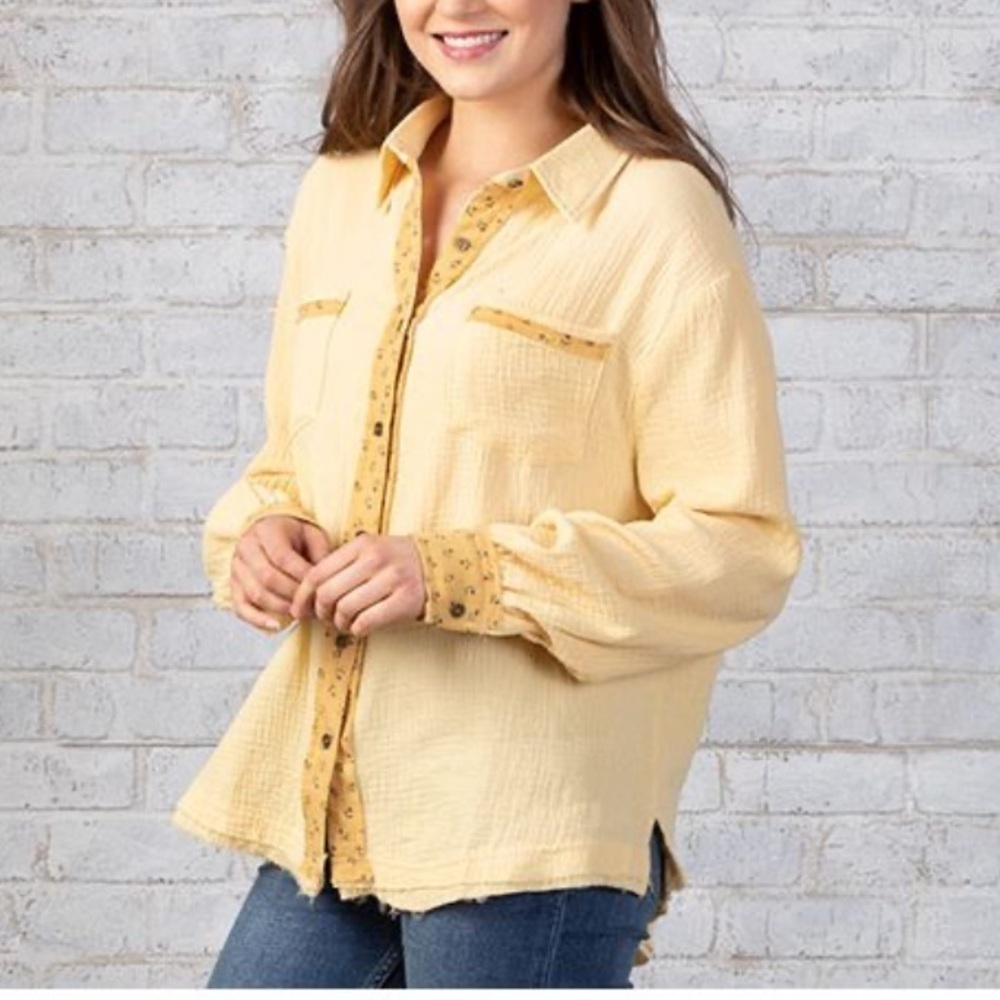 POL floral trim button down shirt yellow gold 22546
